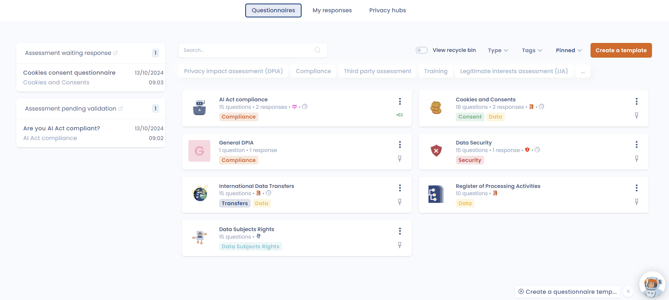 Questionnaires feature in Dastra
